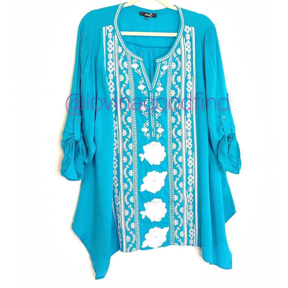 NORDSTROM Andree Rayon Aztec Floral Embroidered Tunic/ Cover Up EUC sz 1X